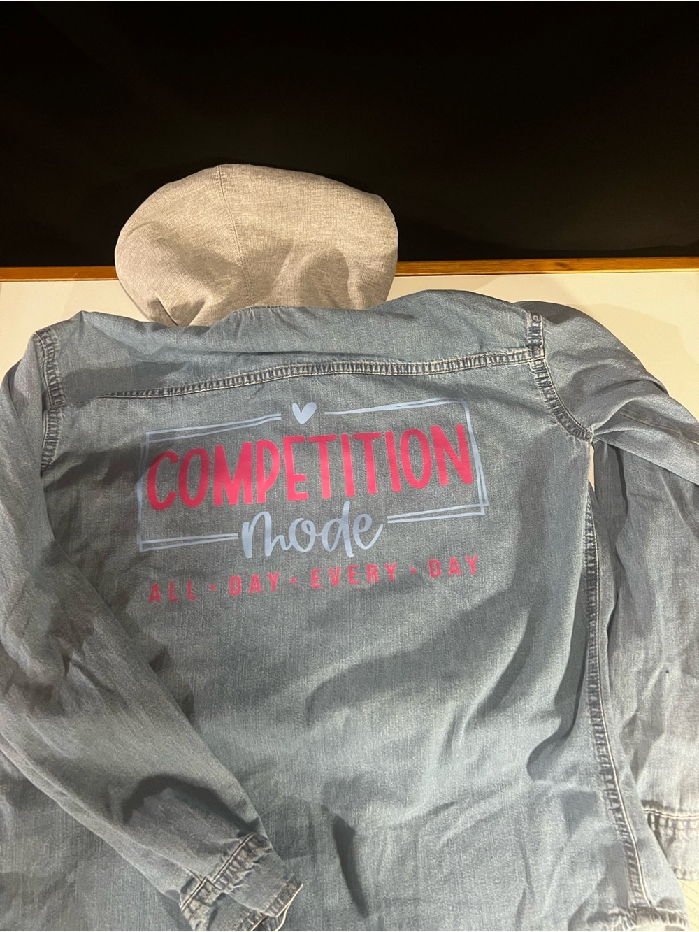 Denim Shirt with hood.  Upcycled custom 'Competition Mode' Graphic -